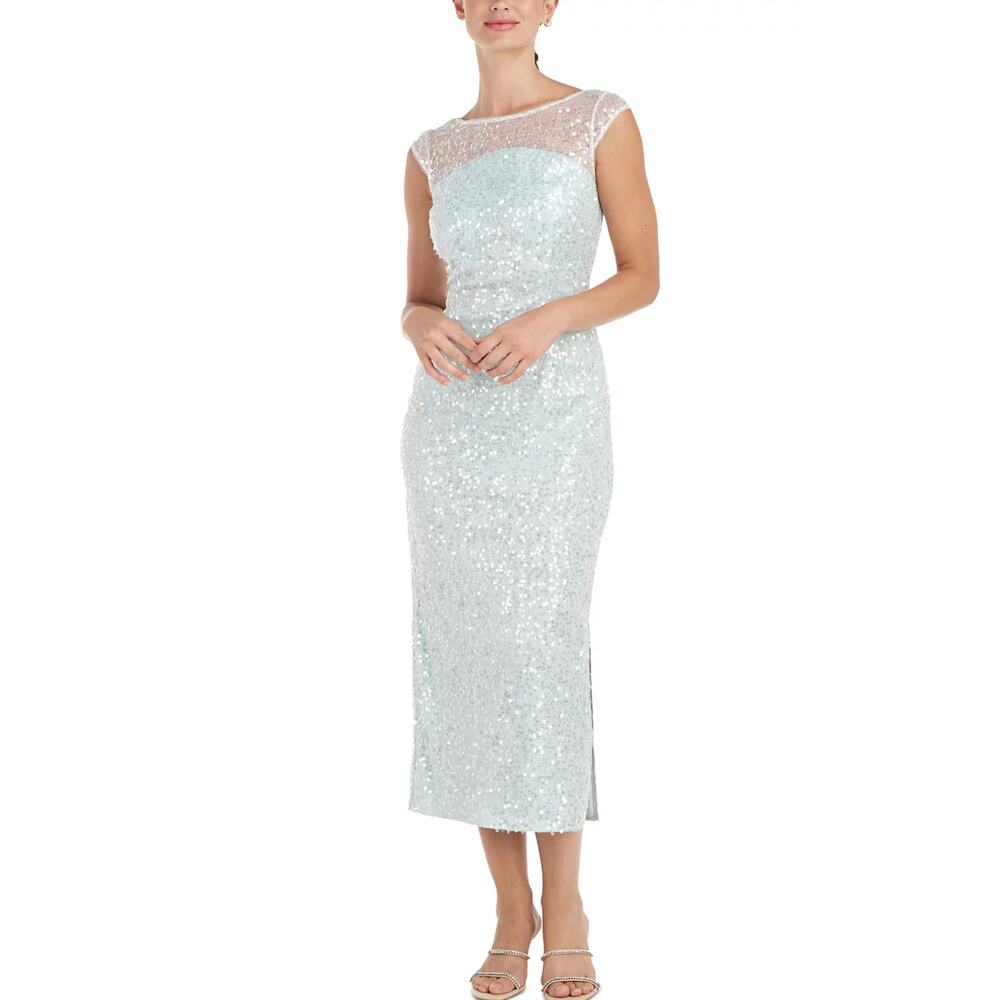 Sequin Sheath Midi Dress with Illusion Neckline - Light Aqua